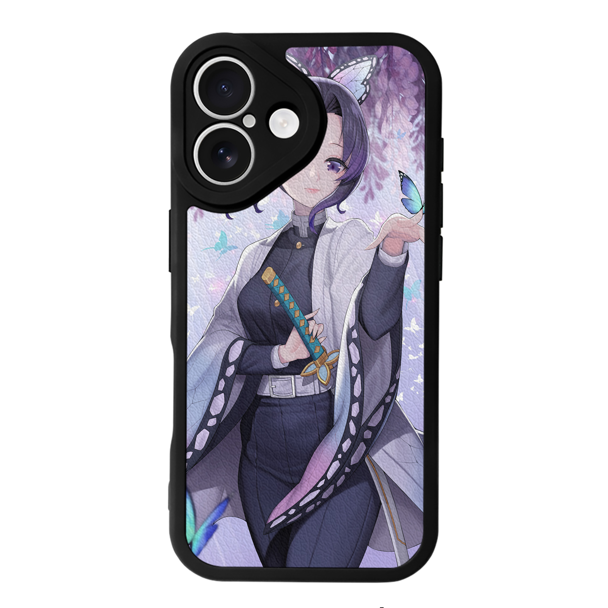 （画像用） 鬼滅の刃（きめつのやいば）蟲柱-胡蝶 しのぶ／こちょう しのぶ Kochou Shinobu 【iPhone 16シリーズ対応】シリコンスマホケース（レザー調） 材質：シリコン